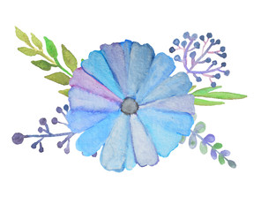 Composition with watercolor blue flower, leaves and branches on white background