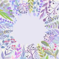 Frame with cute watercolor branches and leaves. Greeting, invitation card, cover of notebook