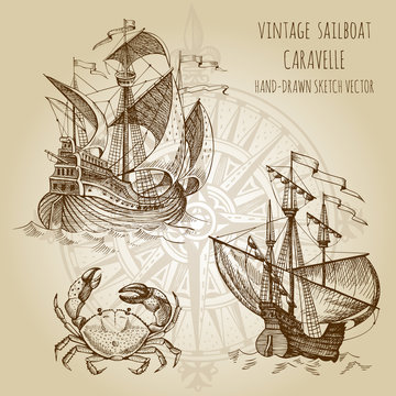 Old caravel, vintage sailboat and сrab. Hand drawn vector sketch.