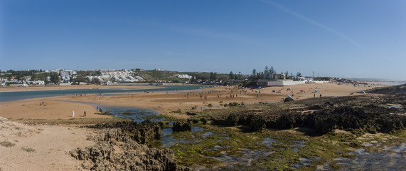 Panorama of beach Oualidia lagoon in same name village in Atlantic ocean coast, Morocco