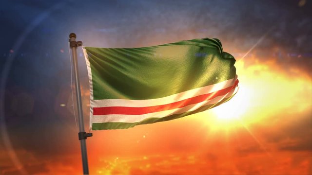 Chechen Republic of Ichkeria Flag Backlit At Beautiful Sunrise Loop Slow Motion 4K
