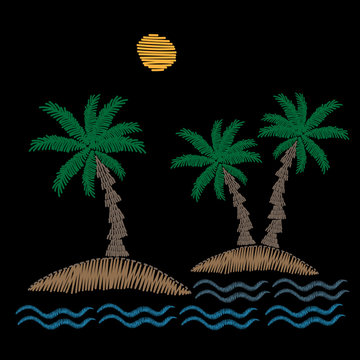 Palm tree with sun and wave embroidery stitches imitation