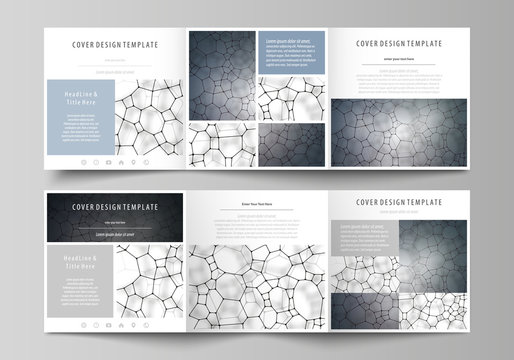 Business templates for tri fold square design brochures. Leaflet cover, vector layout. Chemistry pattern, molecular texture, polygonal molecule structure, cell. Medicine, science, microbiology concept