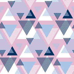 Modern style vector illustration for surface design. Abstract seamless pattern with striped triangle motif.