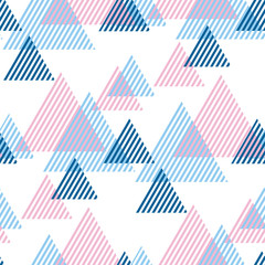 Modern style vector illustration for surface design. Abstract seamless pattern with striped triangle motif.