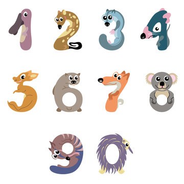Numbers like Australian animals / Solid fill vector cartoon illustration
