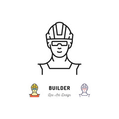 Builder icon, Work man isolated. Worker in a construction helmet thin line art icons, Vector flat illustration
