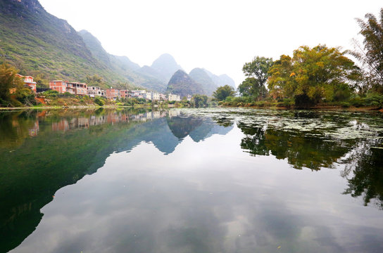 Lake Reflection landscape in Yangshuo Guilin, China