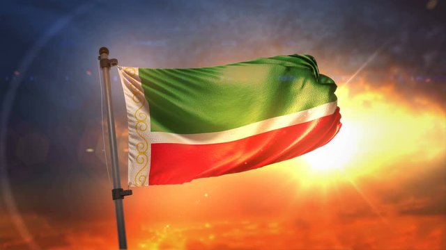 Chechen Republic Flag Backlit At Beautiful Sunrise Loop Slow Motion 4K