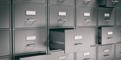 Filing cabinets and open drawers. 3d illustration