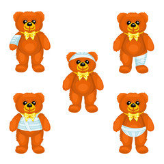 Brown plush bear with bandages around the different parts of its body / There are five same plush bears with bandages on the hand, head, leg, thorax and perineum
