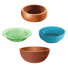 Four bowls in the white background / There are four bowl made of a different substance
