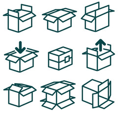 Packing and boxes in various types / Line icons of boxes