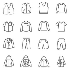Types of clothes for boys and teenagers as line icons / There are all season casual clothes for boys and teenagers

