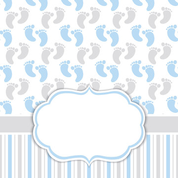Card Template with Baby Boy  Footprints. Baby Boy Shower Vector Illustration.