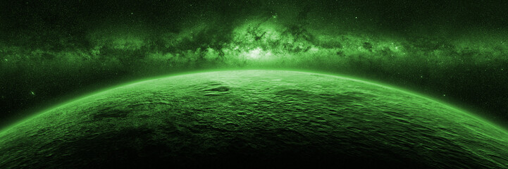 exotic alien planet lit by a green star - obrazy, fototapety, plakaty