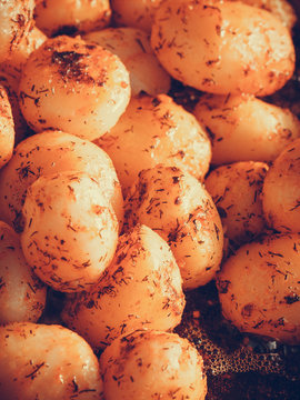 Backed young potatoes with spices in bowl