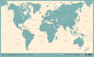 Fototapeta na wymiar Vintage World Map and Markers - Vector Illustration