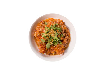 Nam Prik Aong (Northern Thai Meat and Tomato Spicy Dip) on white background