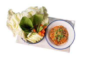 Nam Prik Aong (Northern Thai Meat and Tomato Spicy Dip) on white background