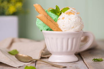Vanilla and mint ice cream in cup