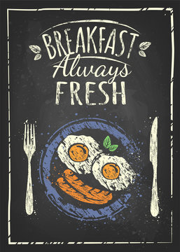 poster with plates of fried and scrambled eggs on white background