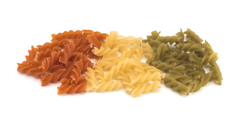 Colored pasta on a white background