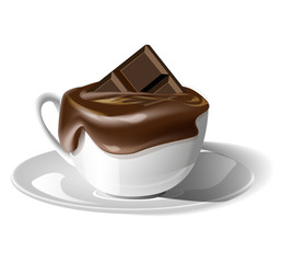 Chocolate bar melted in a Cup on a white background.