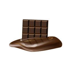 A chocolate bar melts on a white background.