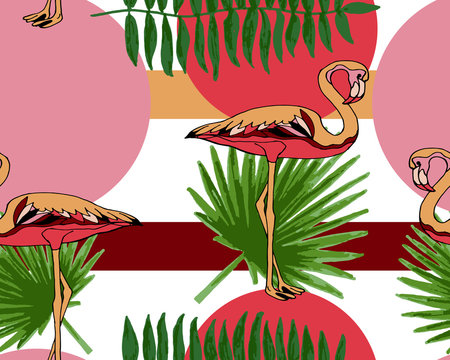 Palm leaves and flamingos, seamless pattern background.