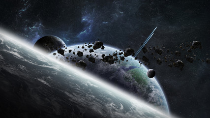 Distant planet system in space 3D rendering © sdecoret