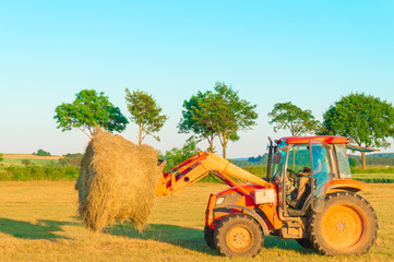 The tractor collects hay on the field