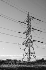 high voltage power tower in black and white, electricity pillar - 162088506