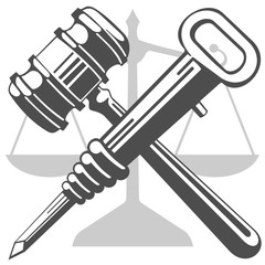 Gavel and jackhammer. Against the background of the scales there is a crossed hammer of a judge and a jackhammer. Vector is not a trace.