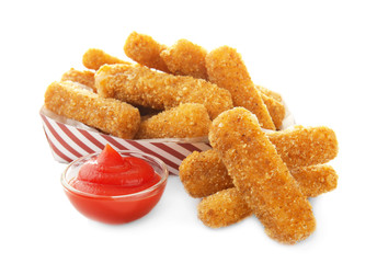 Paper box with cheese sticks and sauce on white background