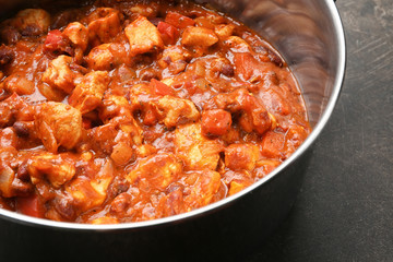 Delicious chili turkey with haricot, closeup