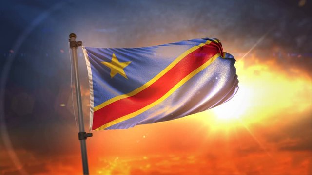 Democratic Republic of the Congo Flag Backlit At Beautiful Sunrise Loop Slow Motion 4K