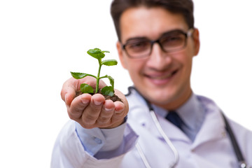 Scientist with green seedling in glass isolated on white