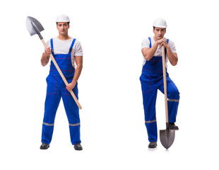 Repairman with spade isolated on white