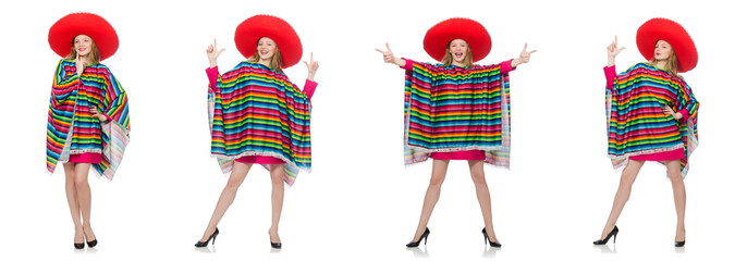 Pretty girl in mexican poncho isolated on white