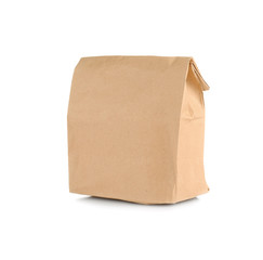 Paper bag with flour on white background