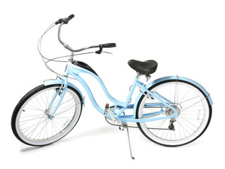 Modern two-wheeled bicycle on white background