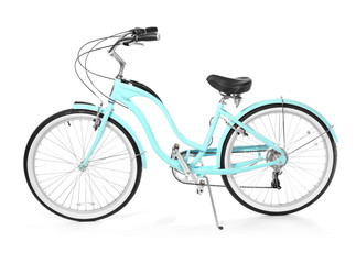 Modern two-wheeled bicycle on white background