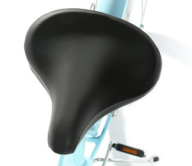 Seat of modern bicycle on white background, closeup