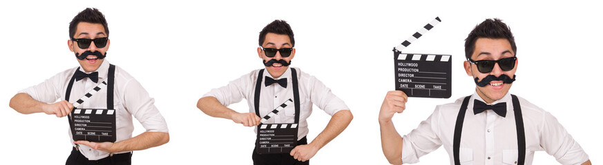 Whiskered man with clapperboard holding isolated on white
