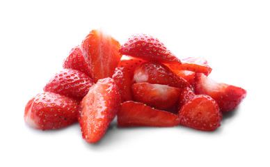 Pieces of tasty red strawberries on white background, closeup