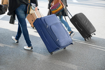 Women carrying suitcases on sunny day