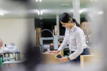 female warehouse worker checking delivering boxes. distribution center. logistics concept.