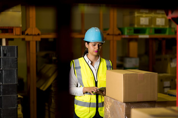 female warehouse worker checking delivering boxes. distribution center. logistics concept.