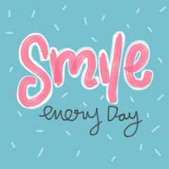 Smile every day word and cute pink and blue watercolor painting illustration